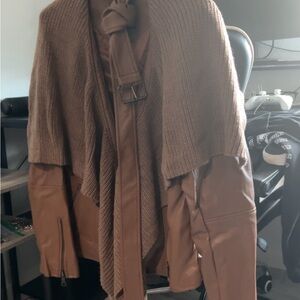 Brown Women's Sweater with Leather Accents